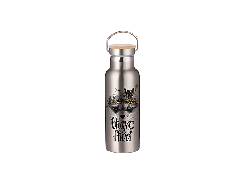 500ml/17oz Portable Bamboo Lid Stainless Steel Bottle (Silver ...