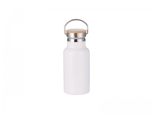 350ml/12oz Portable Bamboo Lid Stainless Steel Bottle (White)