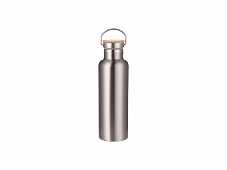 750ml/25oz Portable Bamboo Lid Stainless Steel Bottle (Silver)