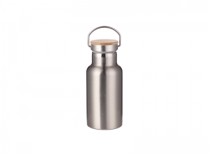 350ml/12oz Portable Bamboo Lid Stainless Steel Bottle (Silver)
