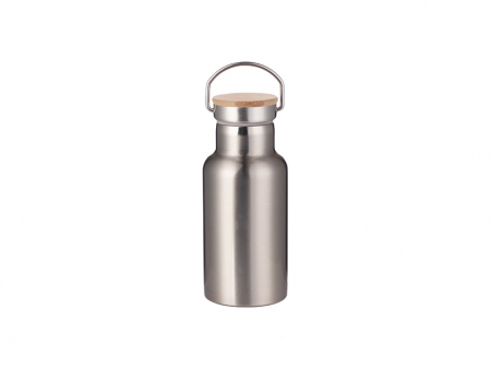 350ml/12oz Portable Bamboo Lid Stainless Steel Bottle (Silver)